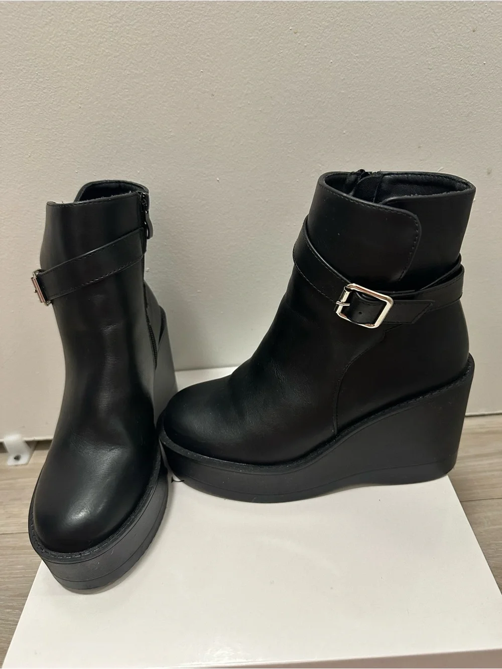 Black Wedge Ankle Boot with Buckle Strap
